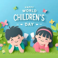 two children laying on the grass with flowers and butterflies around them, in front of a blue background that says happy world children's day