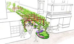 an artist's rendering of a garden on the side of a building with people walking around