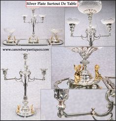 four different views of silver plated candelabra with figurines on it