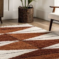 a brown and white rug in a living room next to a chair with a potted plant