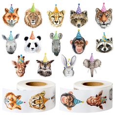 various animal masks and party hats on top of rolls of toilet paper in front of a white background