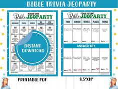 the printable bible trivia jeep party game is shown in blue and white