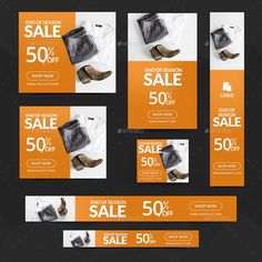 an orange and black sale banner or advertment with shoes, bags and other items