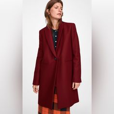 Brand New With Tags. Zara Burgundy Long Sleeve Coat With A Lapel Collar. Featuring Front Double Welt Pockets And Single-Button Fastening In The Front. Wool 75% Polyamide 25% Size Small Red Wool Coat For Spring Workwear, Chic Burgundy Blazer For Workwear, Elegant Burgundy Outerwear For Work, Burgundy Single Breasted Outerwear For Work, Burgundy Single-breasted Outerwear For Work, Elegant Burgundy Single-breasted Outerwear, Elegant Burgundy Long Coat, Classic Burgundy Outerwear For Work, Chic Burgundy Outerwear For Work