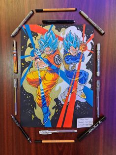 a drawing of gohan and vegeta on a wooden table with markers, pens and markers