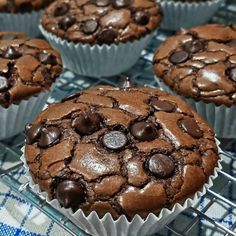 several chocolate muffins cooling on a wire rack