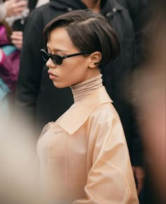 taylor russell at the LOEWE fall winter 2023 men's runway show in paris Short Haircuts Black Hair, Grown Out Pixie, Short Bangs