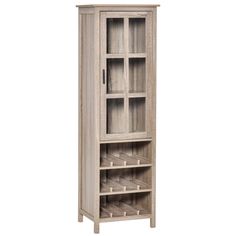 a tall wooden cabinet with glass doors on the front and bottom shelves in light wood