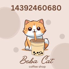 a cat sitting next to a cup with a straw in it's mouth and the caption boba cat coffee shop