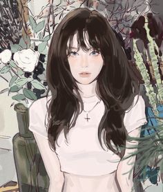 a drawing of a woman with long black hair and white shirt in front of flowers