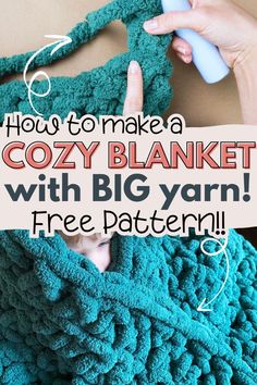 a crocheted cowl with text overlay that says how to make a cozy blanket with big yarn free pattern