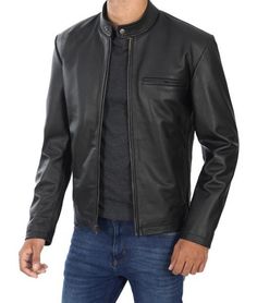 Classic Leather Jacket With Stand Collar, Masculine Fitted Black Leather Jacket, Fitted Leather Jacket With Stand Collar For Business, Black Leather Jacket With Stand Collar, Classic Fitted Biker Jacket For Biker Events, Classic Black Leather Jacket With Stand Collar, Biker Style Leather Jacket With Zip Fly For Business, Business Biker Leather Jacket With Zip Fly, Classic Leather Jacket With Zip Fly For Biker Events