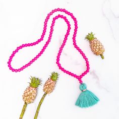 Turquoise Tassel Necklace For Beach, Pink Beaded Necklace With 108 Beads For Beach, Hot Pink And Turquoise, Crown Jewels, Color Theory, Wooden Beads, Tassel Necklace, Tassels, Embellishments