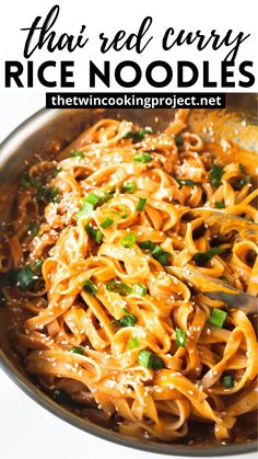 a skillet filled with noodles and sauce on top of a white table next to the words thai red curry rice noodles