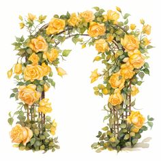 an arch with yellow roses and green leaves on the sides, painted in watercolor