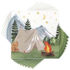 paper napkins featuring a tent and campfire