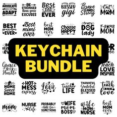 the keychain bundle is shown in black and white with yellow lettering on it