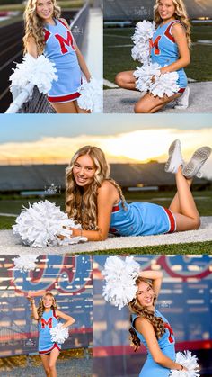 the cheerleader is posing with her pom - poms for this photo shoot