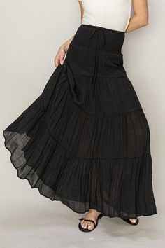 HYFVE D-Drawstring Waist Tiered Maxi Skirt tiered maxi skirt HYFVE BLACK S Crop Top Jumpsuit, Fashion District Los Angeles, Tiered Maxi Skirt, Fashion District, Skirt Fits, Boho Print, Crop Top Blouse, China Fashion, Style Boho