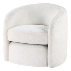 an upholstered white chair with a rounded back and foot rest, viewed from the side