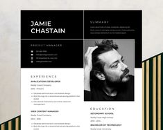 a black and white resume with gold accents