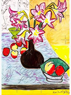 a painting of flowers and fruit on a table