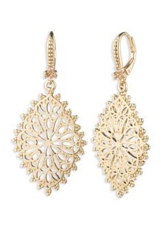 Elegant details and a unique design make these gorgeous gold-tone earrings from Marchesa a must-have for your next event. | Marchesa Gold Tone Filigree Drop Earrings Gold-tone Wedding Earrings, Elegant Gold-tone Jewelry With Filigree, Elegant Gold-tone Filigree Jewelry, Elegant Gold-tone Hoop Earrings, Gold-tone Dangle Jewelry For Weddings, Elegant Gold-tone Linear Earrings, Elegant Metal Hoop Earrings With Filigree, Elegant Gold-tone Hoop Earrings For Pierced Ears, Elegant Light Gold Metal Earrings