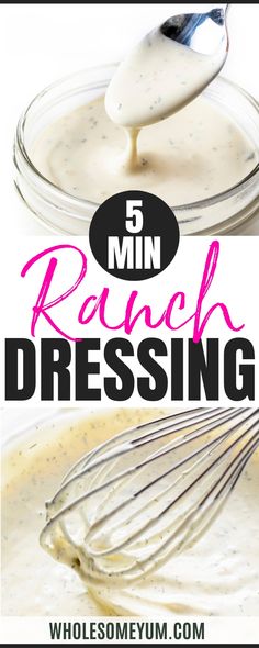 the recipe for ranch dressing is in a mason jar with a whisk