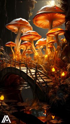 some mushrooms that are on the ground near a bridge and lights in the dark night