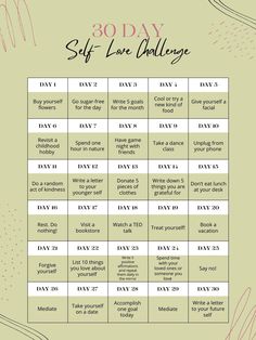 Self-love means having a high regard for your own well-being and happiness. Self-love means taking care of your own needs and not sacrificing your well-being to please others. Self-love means not settling for less than you deserve. This Digital Printable self love challenge helps you take the steps to help regain love within yourself. 75 Self Care Challenge, 30 Days Of Self Love Challenge, Self Love Challenge Ideas, Starting Self Love Journey, Self Challenge 30 Day, Self Love Day Ideas, Love Yourself Challenge 30 Day, Things To Do For Self Love, 30 Day Healing Challenge