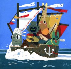 an image of cartoon characters on a boat in the ocean