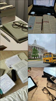 there are many different pictures with books and glasses on the table