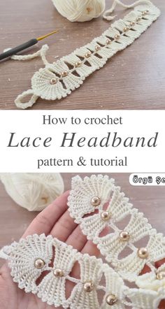 the crochet lace headband is being worked on