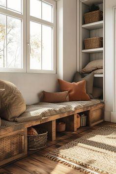 a wooden bench sitting next to a window filled with pillows