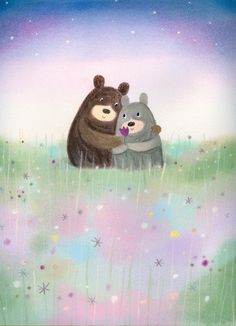 two bears hugging each other in the middle of a field with flowers and stars on it