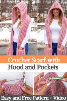 the crochet scarf with hood and pockets is shown in three different pictures, including one