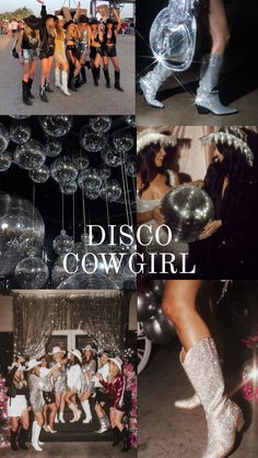 disco cowgirl collage with girls in boots and shiny clothes, balloons and streamers