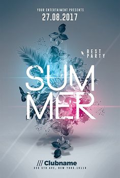 a flyer for a summer party with flowers and leaves on the front, in shades of blue