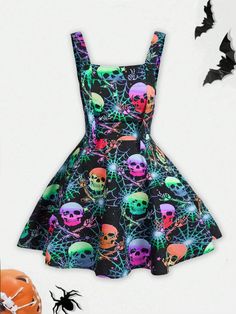 Plus Size Cute Colorful Skull Print Overall Dress For Halloween Multicolor Casual  Sleeveless Woven Fabric Figure,Geometric,Halloween,All Over Print Pinafore Non-Stretch  Women Plus Clothing, size features are:Bust: ,Length: ,Sleeve Length: Punk Plus Size, Geometric Halloween, Colorful Skulls, Plus Size Halloween, Cropped Leather Jacket, Scoop Neck Dress, Suspender Dress, Black Party, Skull Print