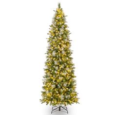 a christmas tree with white lights and snow on the top is shown in front of a white background