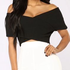 **Brand New!! Never Worn!!** Black Off The Shoulder Ribbed Crop Top With Cross Front Detail Brand= Fashion Nova Size= Small Thick Material 100% Polyester Didn’t Need It Anymore Since I Found A Different Top Closer To The Look I Was Going For. This Top Could Be Dressed Up Or Down! Black Cropped Tops For Going Out, Off The Shoulder Top Outfit, Shoulder Tops Outfit, Black Off The Shoulder Top, Fall Fashion Skirts, 2000s Fashion Outfits, Top Outfit, Fashion Nova Tops, Ribbed Crop Top