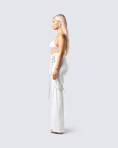 An all-white fit always hits 🤍 Never let your existence go without notice, and this look will do exactly that. Make your mark in this white bralette, and vegan belt pant set💥 White Cropped Bottoms For Vacation, Cropped White Bottoms For Vacation, Chic White Bottoms With Belt, White Belted Bottoms For Summer, Trendy White Belted Bottoms, Trendy White Bottoms With Belt, White Corset Dress, Denim Pleated Skirt, Red Mini Skirt