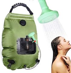 a woman standing next to a shower head and an inflatable bag with water coming out of it