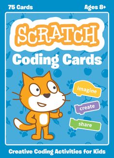 the front cover of scratchy coloring cards for kids, featuring an orange cat with speech bubbles