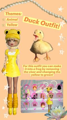 the duck outfit is yellow and has white stars on its head, as well as an image