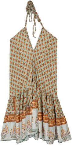 This stylish short dress showcases a delightful blend of orange and white florals against a soft seafoam green background, crafted from lightweight rayon for a flowy, comfortable fit. The design features a long neck tie that allows for an adjustable fit around the neck, complementing the V-neckline that leads into a gently flared skirt with decorative borders that enhance its bohemian appeal. #tlb #vacationclothing #beachwrap #SummerDress #westerndress Orange Bohemian Mini Sundress, Green Rayon Beach Sundress, Green Rayon Mini Dress For Vacation, Green Rayon Summer Sundress, Green Rayon Mini Dress For Summer, Green Rayon Mini Dress, Green Rayon Mini Dress For The Beach, Green Boho Print Sundress For Spring, Green Rayon Sundress