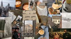 a collage of photos with people and buildings in the background, including coffee mugs