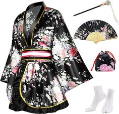 PLULON 5 Pcs Women's Japanese Kimono Robe Short Floral Print Kimono Dress Sexy Geisha Yukata Satin Bathrobe with Accessories - British D'sire Kimono Purse, Satin Bathrobe, Japanese Kimono Dress, Kimono Set, Modern Kimono, Tabi Socks, Mode Kimono, Floral Print Kimono, Kimono Design