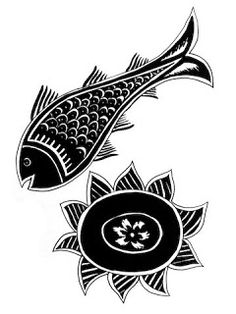 two black and white drawings of fish in the shape of sunflowers on a white background