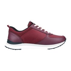 Rieker Lace-up Shoe for Women, Red - Rieker Evolution Revolution in Red Rieker Lace-up Shoe for Women, Red - Rieker Evolution Revolution in Red Upgrade your casual look with these berry red women's sneakers from Rieker Evolution. The lace-up design, side stripe, and breathable light pink lining add a touch of elegance to this stylish shoe. Crafted in faux leather, the white sneaker sole is lightweight and comfortable, perfect for all-day wear. Plus, featuring a NanoWater-Protect membrane, these shoes keep rain and dirt at bay.   Color: Red  Heel Height: 3.5 cm  Heel Shape: Flat  Toe Shape: Round  Shoe Width: Normal (G)  Removable Insole: No  Closure: Lace-up  Waterproof: No  Reflective: No  Fit: True to size   Material & Care  Lining: Textile  Insole: Textile & Synthetic  Sole: Synthetic Sporty Red Walking Shoes With Cushioned Footbed, Sporty Red Lace-up Walking Shoes, Sporty Red Walking Shoes For Sports, Burgundy Low-top Sports Sneakers, Burgundy Low-top Sneakers For Sports, Sporty Burgundy Sneakers With Rubber Sole, Sporty Burgundy Sneakers For Sports, Sporty Burgundy Sneakers, Burgundy Sporty Sneakers For Sports